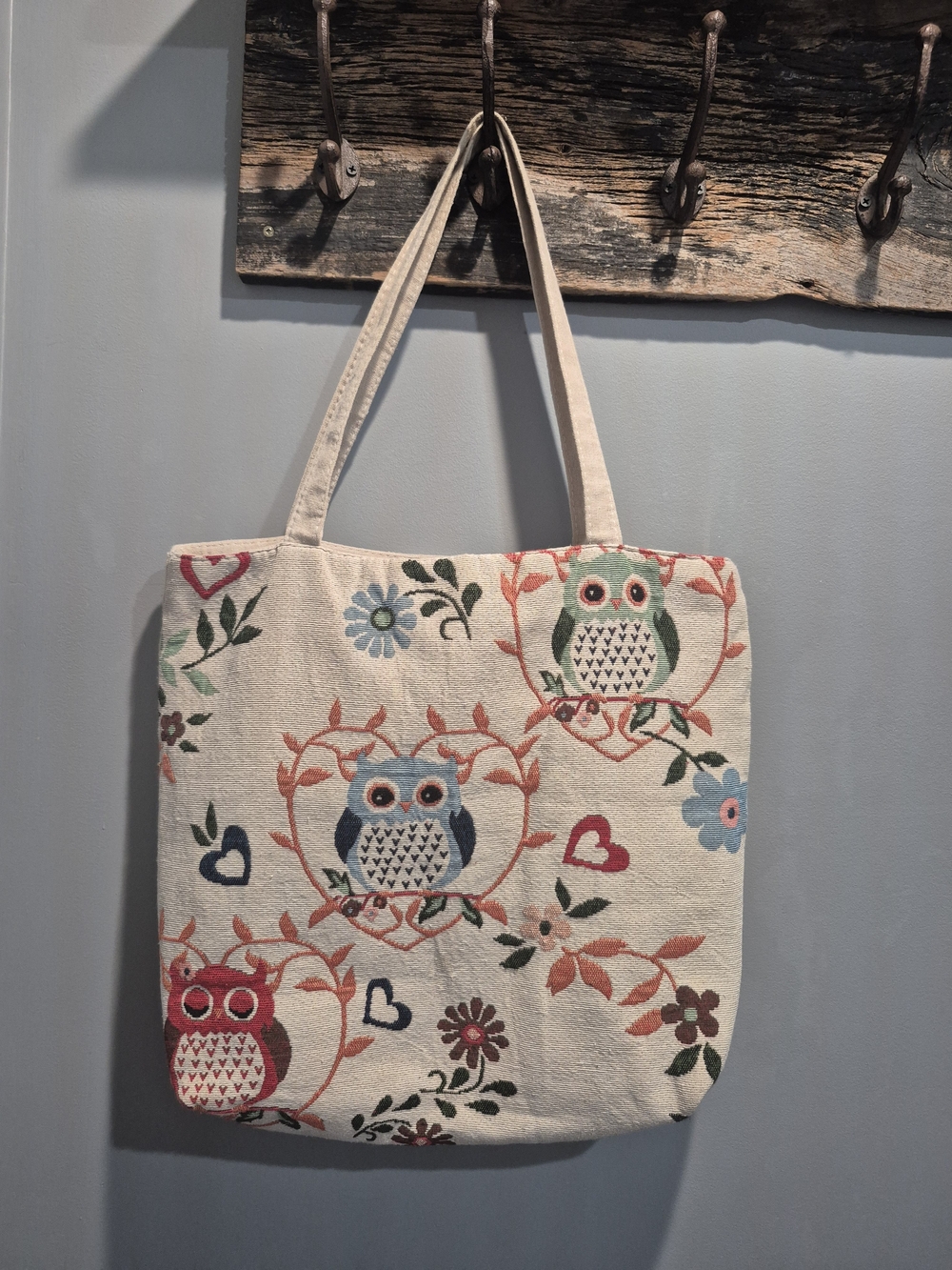 Owl Embroidered Canvas Tote Bag - Cream